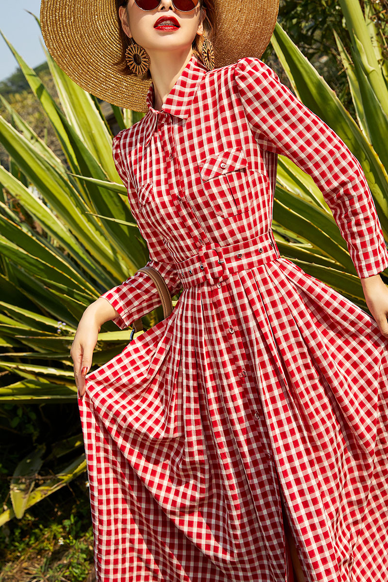 复古英伦A字衬衫裙棉格子口袋