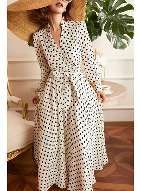 法式复古波点重工镶边高腰气质优雅显瘦复古大摆连衣裙女 70688