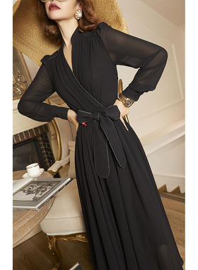 法式轻奢定制优雅高级感黑色立裁修身气质大摆长款连衣裙70688