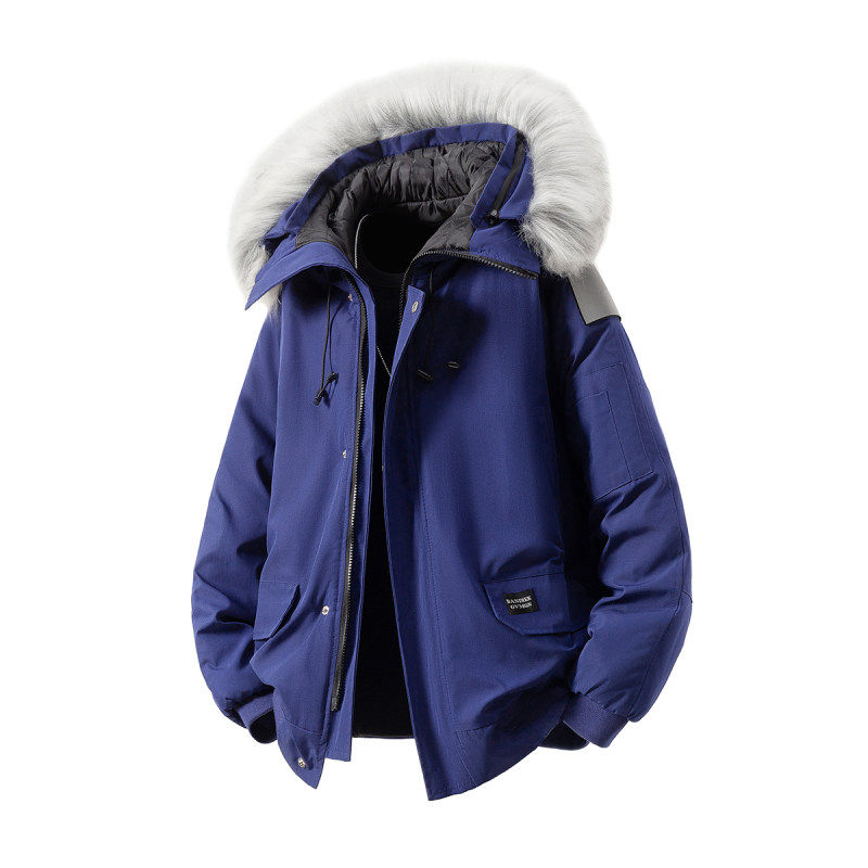 克莱因蓝工装羽绒服女短款2025冬季新款大毛领派克棉服小个子外套