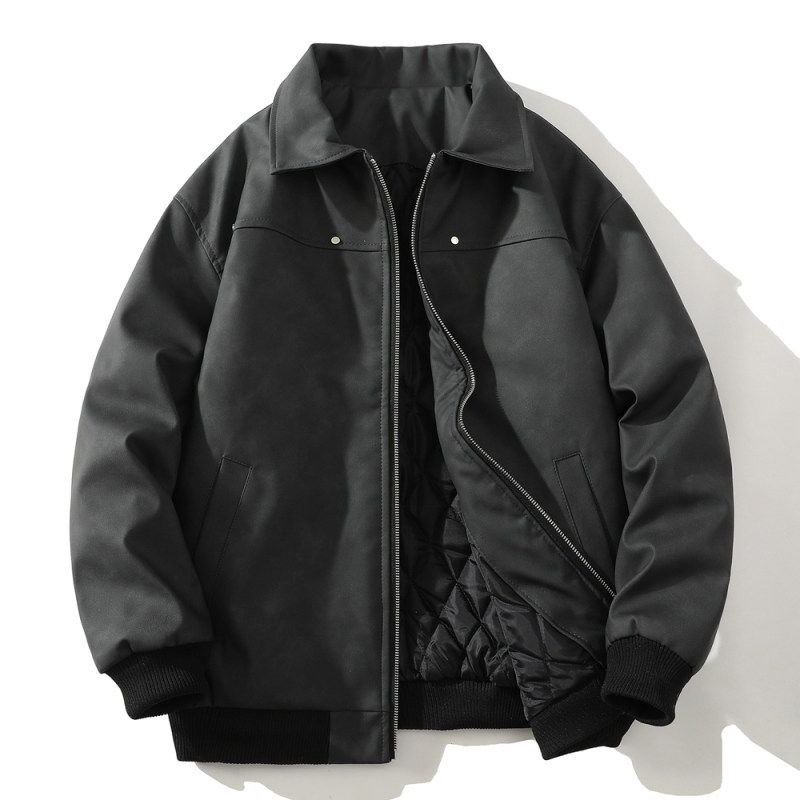 2026秋冬新款男士翻领皮夹克美式复古机车风加绒外套潮流宽松短款