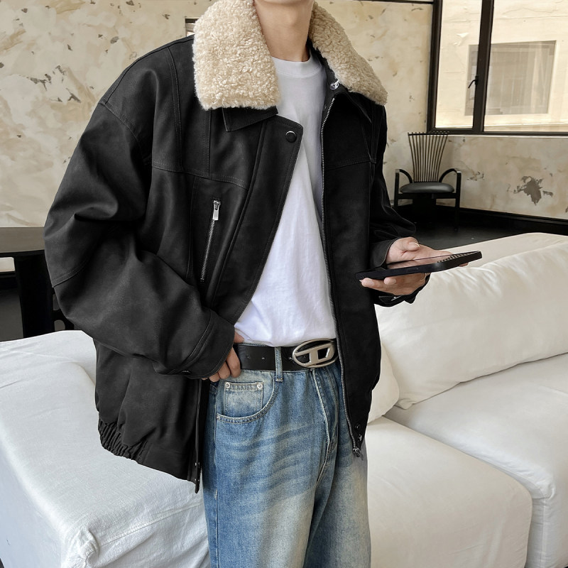 复古立领新款上市加厚做旧可脱卸羊羔毛领棒球M5XL面层PU皮棉衣男