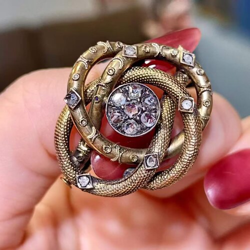 18K金钻石镶嵌维多利亚时期古董胸针 超酷灵蛇设计 尺寸30*25mm
