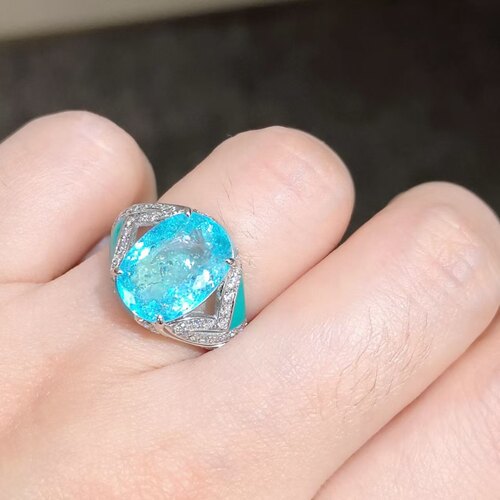 PT铂金钻石镶嵌 帕拉伊巴霓虹蓝大戒指 主石5.65ct 通透明亮