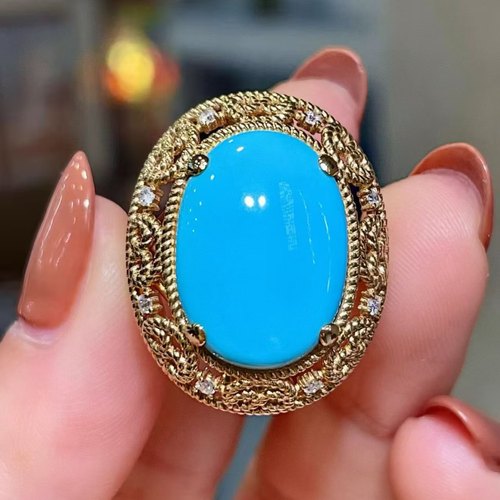 18K金镶嵌古典绝美高瓷原矿睡美人蓝松石戒指 主石8.1克拉 瓷度好