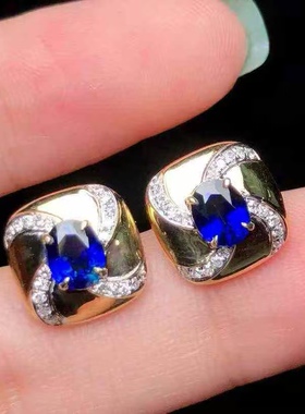 18K金钻石镶嵌 天然皇家蓝宝石耳钉 主石0.865克拉 复古宫廷风