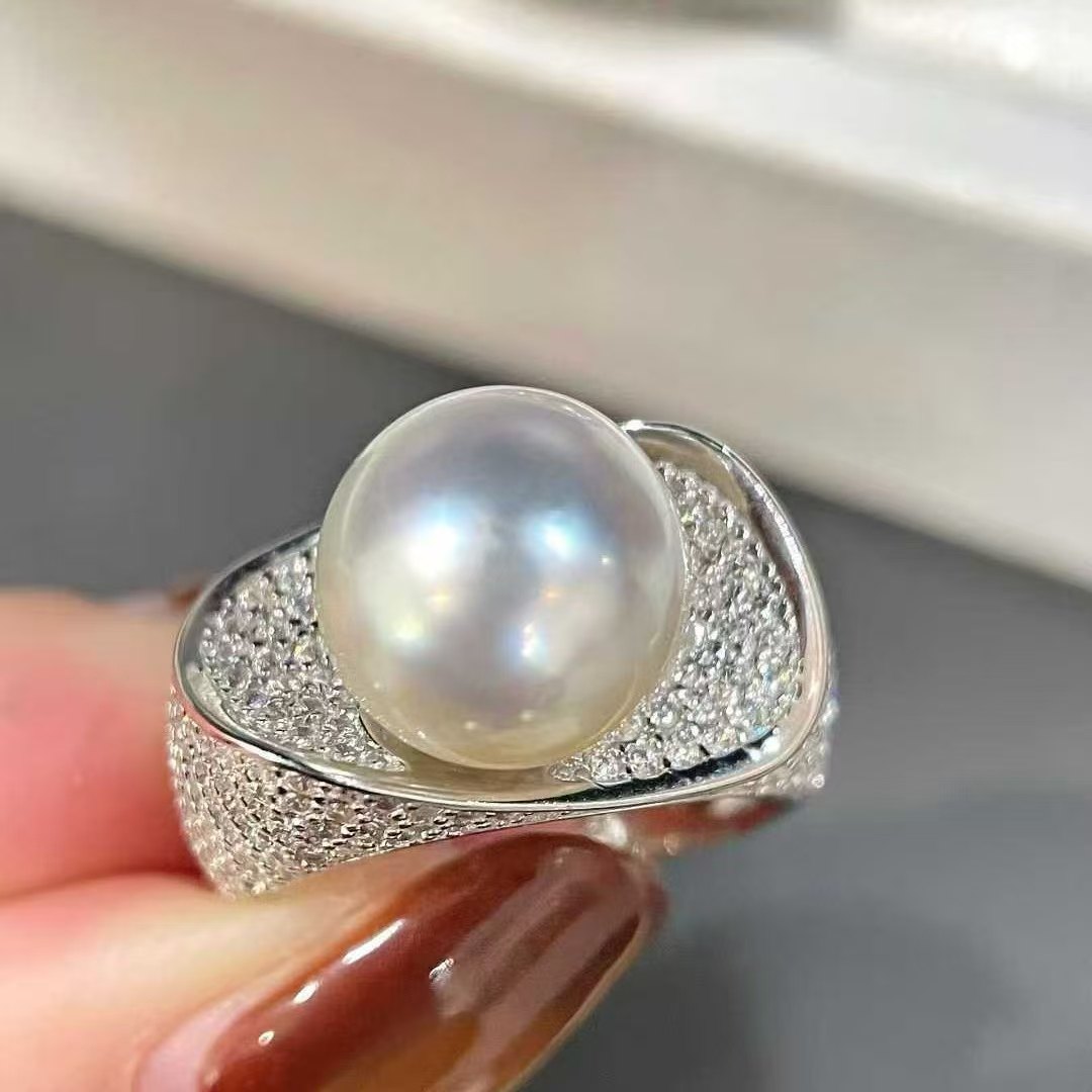 天然海水11-12mm宽版澳白珍珠戒指 优雅灵动 气质大方