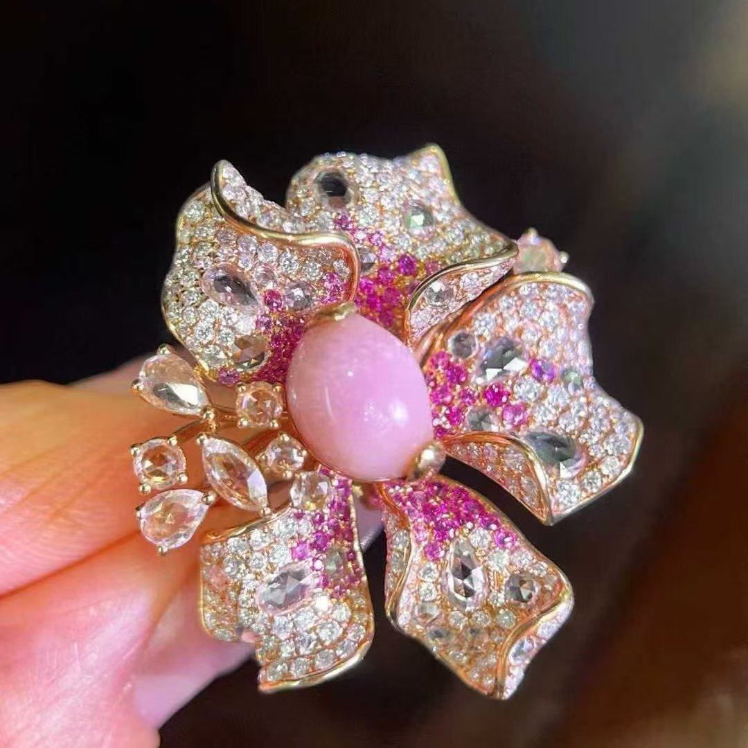 18K金钻石彩宝镶嵌 天然樱花粉海螺珠戒指主石3.5克拉 清晰火焰纹,珠宝/钻石/翡翠,手饰,淘宝优惠券,粉丝福利购,淘宝优惠卷