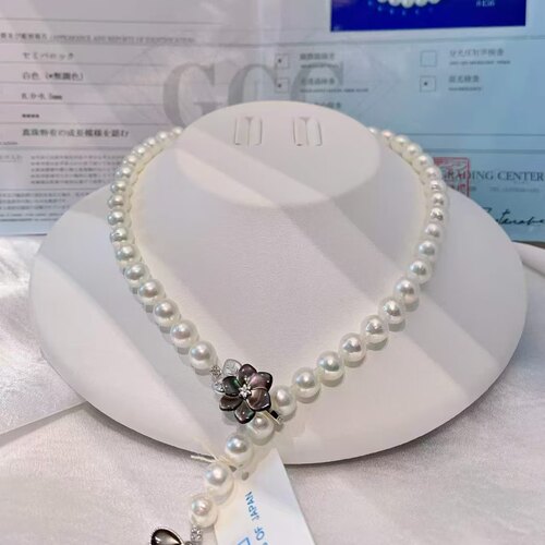 香港珠宝展直播 天然海水8-8.5mm极光akoya珍珠项链 贝母花扣