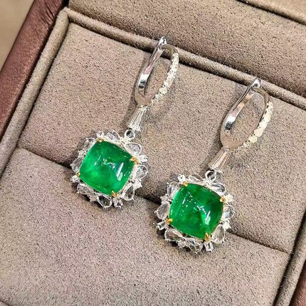 18K金钻石镶嵌 高定既视感糖塔祖母绿耳环耳扣 主石5.38克拉