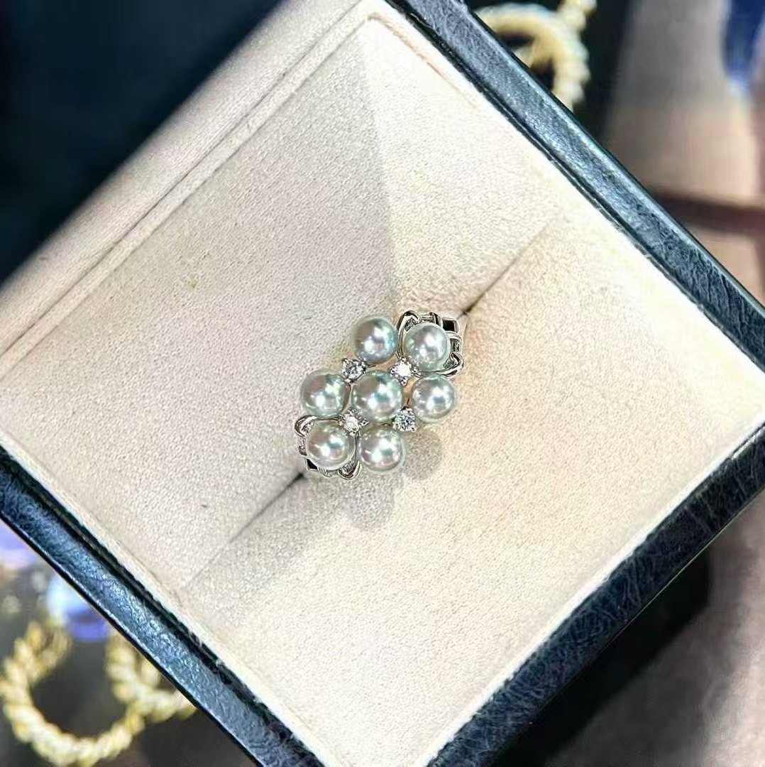 天然海水4-5mm真多麻Akoya海水多珠戒指 极光炫彩电光蓝18K钻石镶,珠宝/钻石/翡翠,手饰,淘宝优惠券,粉丝福利购,淘宝优惠卷