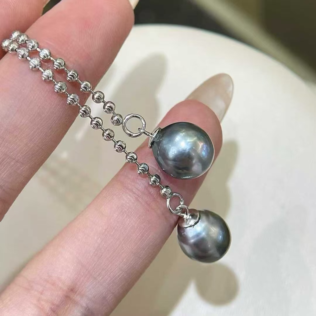 天然海水9-10mm大溪地黑珠双珠毛衣链 进口925银链条 很有质感