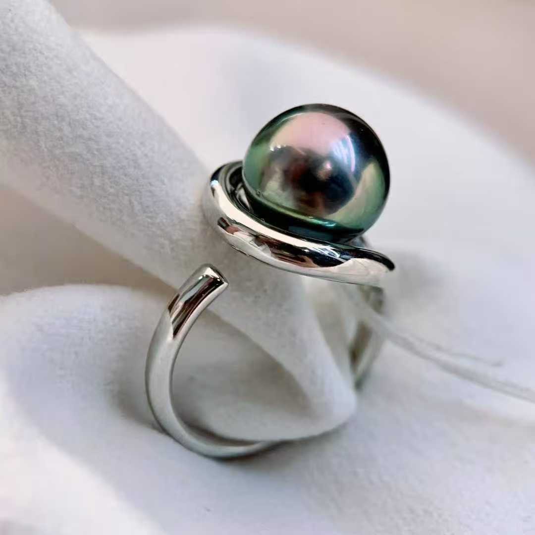 天然海水10-11mm紫皮绿心大溪地黑珍珠戒指 S925金属流线设计