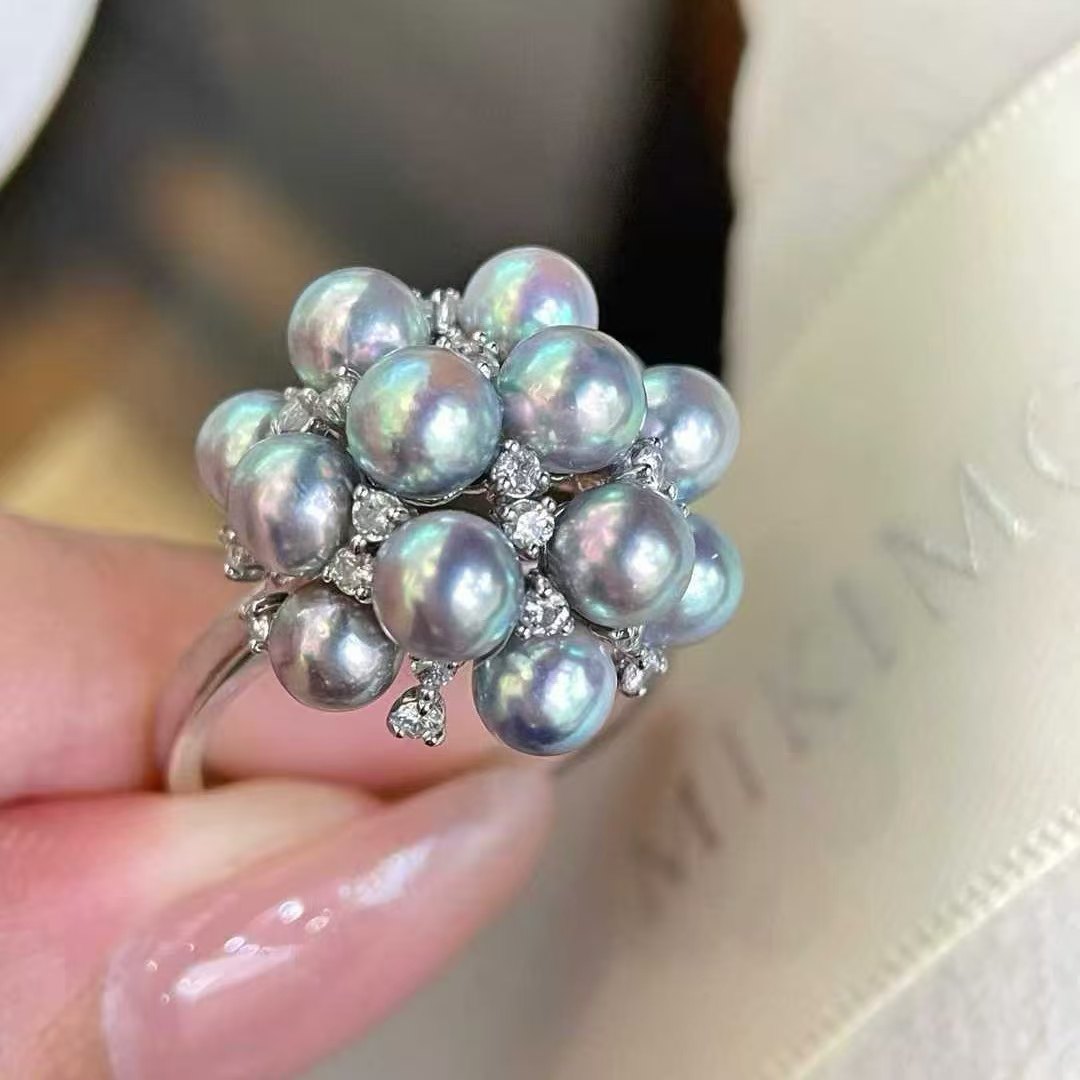 天然海水4-5mm真多麻Akoya电光蓝多珠手捧花戒指 PT铂金钻石镶嵌,珠宝/钻石/翡翠,手饰,淘宝优惠券,粉丝福利购,淘宝优惠卷