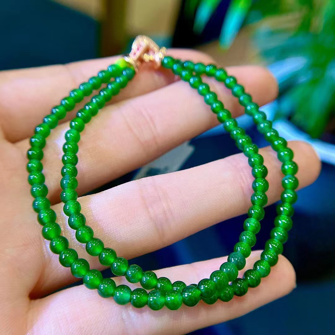 天然双圈辣色精品 玻璃种强荧光帝王绿老坑料翡翠手链 种水一流