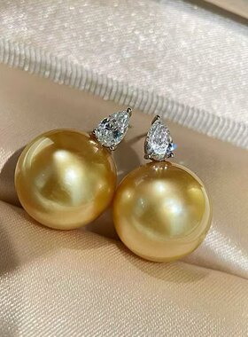 天然海水14-15mm南洋金珠耳环 浓金饱满 上手显白提气质 低调有品