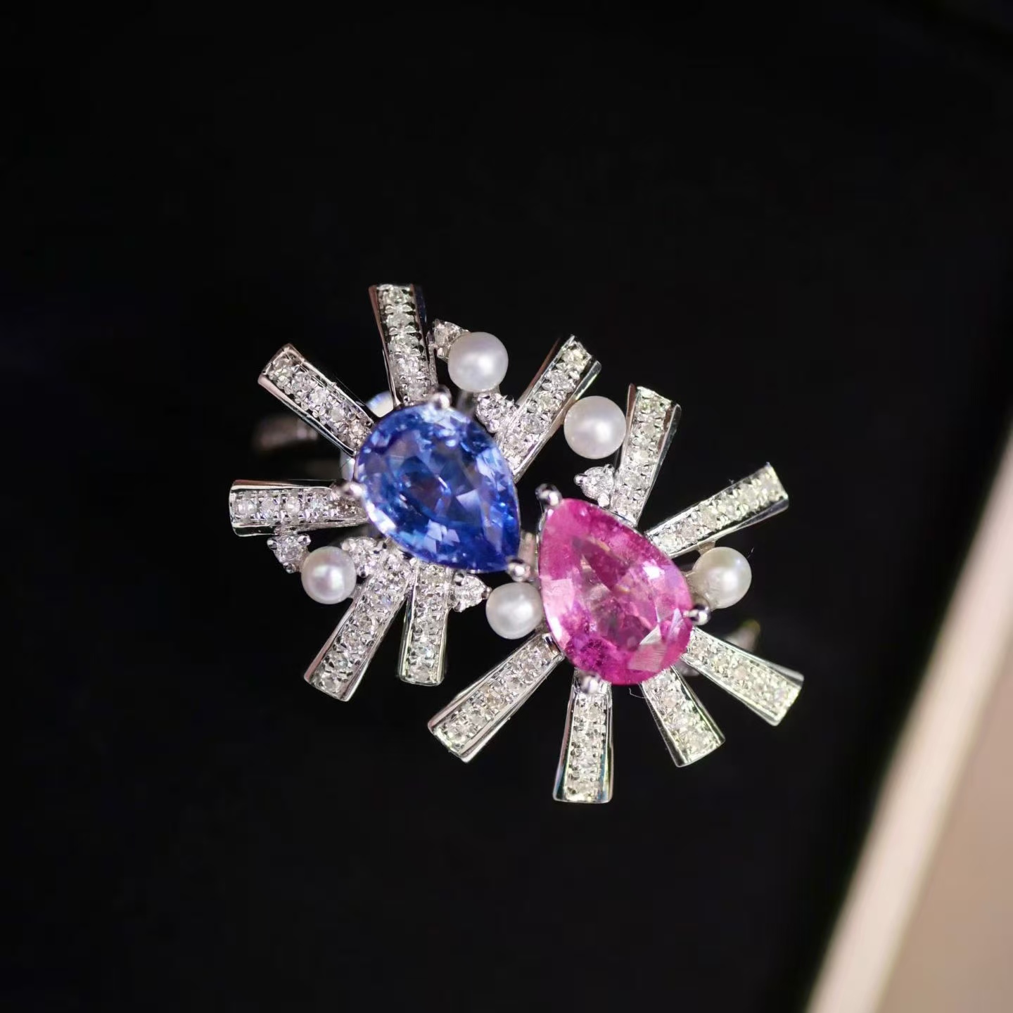 18K金钻石镶嵌 天然无烧蓝宝石帕帕拉恰双子戒指 仙气梦幻减龄款