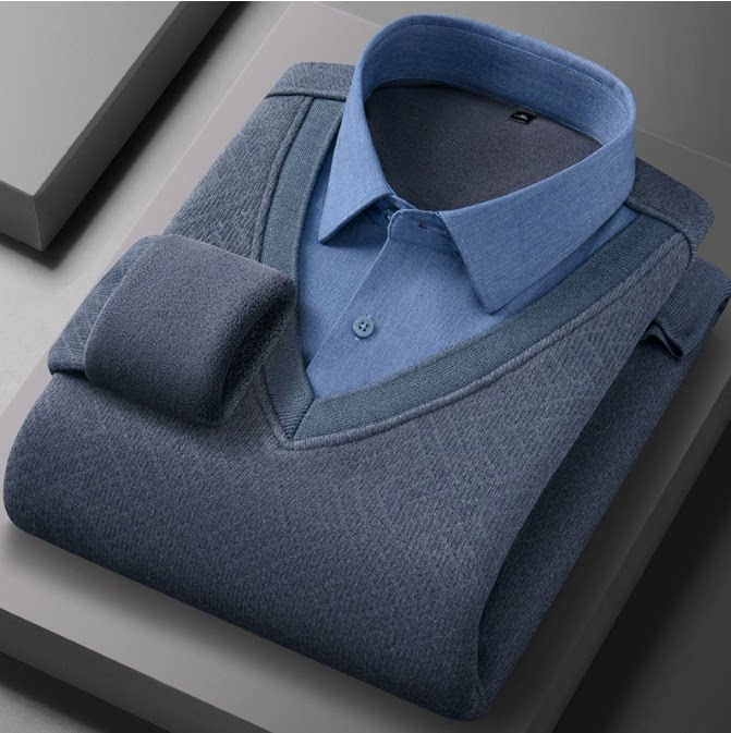 绵羊毛保暖衬衫加绒加厚长袖毛衣冬季中老年打底针织衫爸爸装上衣