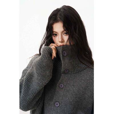 美式针覆古JRX钮开高领毛衣织男GOQ秋冬重磅宽女松慵懒高级感扣衫
