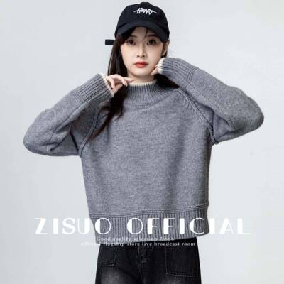 灰色半秋毛衣女厚加025冬新款韩4931版宽松2插肩袖领针织49高31衫
