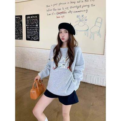 NPVA 秋冬搭LOGVVO米百韩粒圆领毛绣衣DGKRXZ风系宽松慵懒针织衫