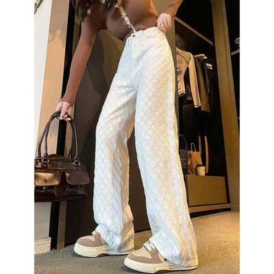 白色牛宽仔织裤FWY女GUB窄版直筒长裤子秋季地编感高休阔腿裤腰松