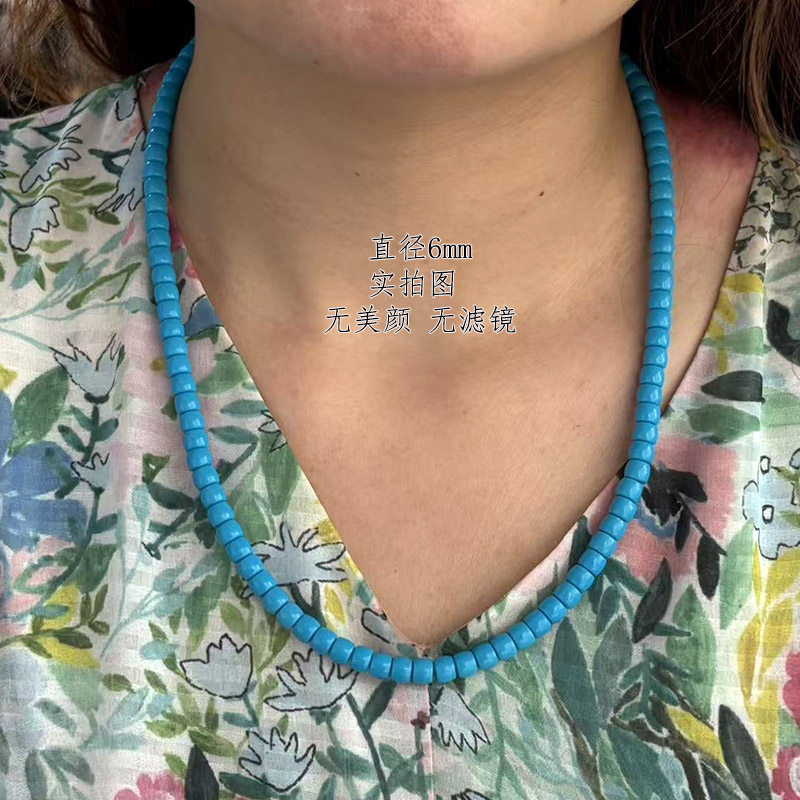 高瓷蓝色绿松石项链锁骨链暴力蓝老型珠6mm女生颈链流行饰品