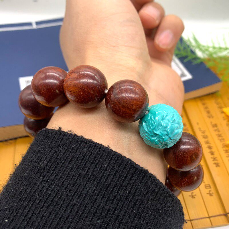 印度小叶紫檀手串18mm搭配绿松石龙珠20m多金星老料男女佛珠文玩