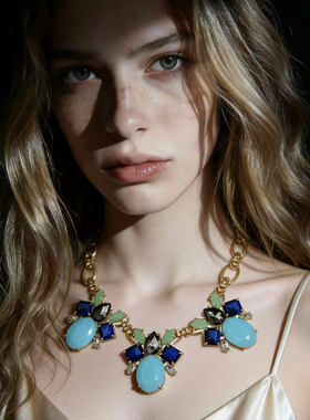 欧美海外复古人造宝石合金项链