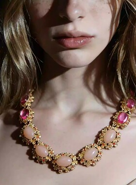 desigual复古粉色宝石项链女多层合金合成锆石气质首饰