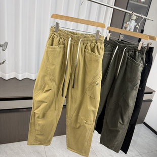 外贸纯色抽绳松紧腰休闲弯刀裤 秋冬男士 水洗全棉 设计感褶皱