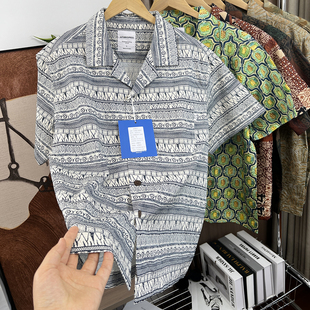 美式 外贸泡泡纱吸湿排汗凉感古巴领衬衫 复古 男士 夏季 夏威夷风