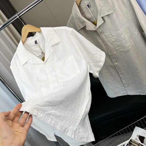 100%亚麻！ 经典古巴领！夏季男士外贸纯色休闲透气宽松短袖衬衫