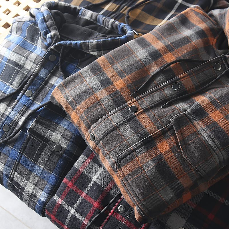 加绒加厚连帽格子休闲外套