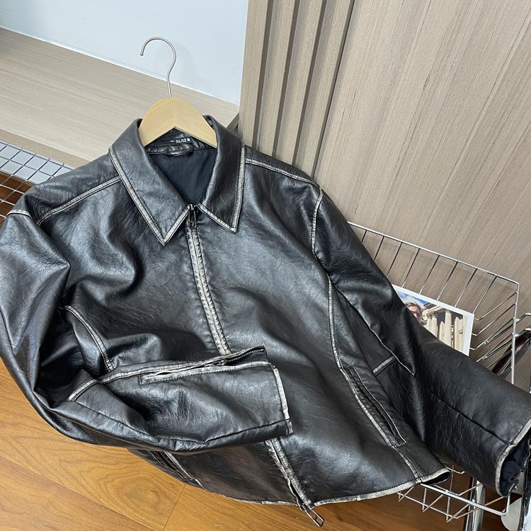 高端品质！水洗PU皮！外贸男装春季复古百搭翻领机车皮衣夹克外套