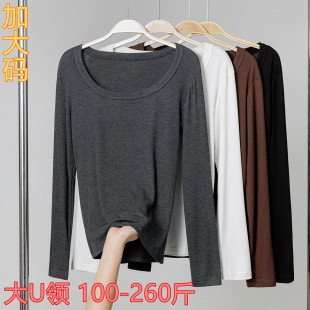 大圆领胖mm200斤300斤纯色宽松打底上衣 女装 春秋大V领长袖 T恤大码