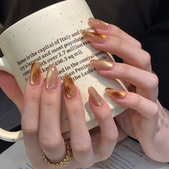 手工秋冬金色双色琥珀晕染玻璃珠猫眼高级感穿戴甲长款2025新款