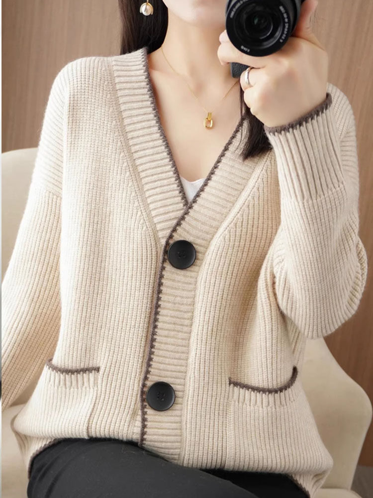 毛衣针织开 衫女春秋薄款2025年新款宽松V领显瘦时尚慵懒长袖外套