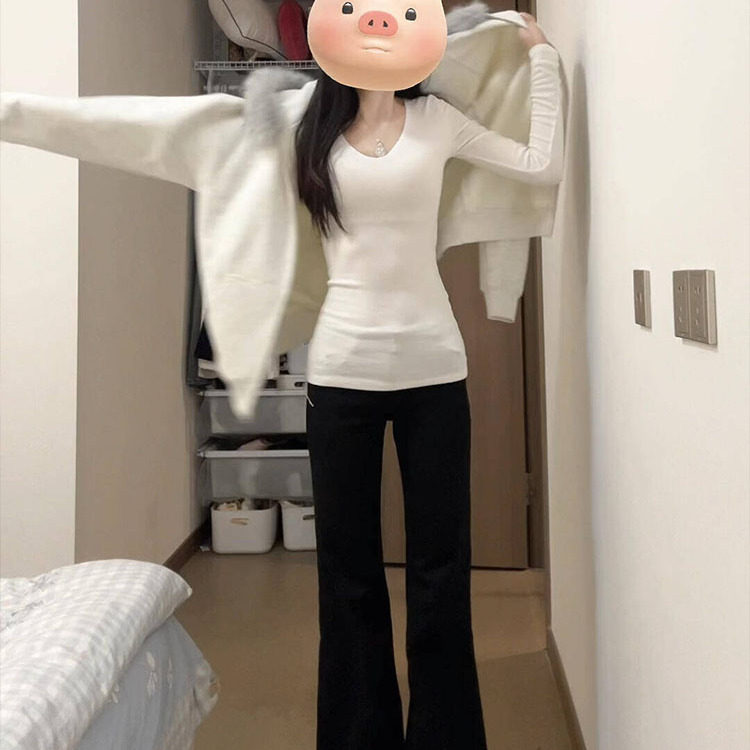 白色纯棉长袖t恤女秋冬季2025新款外穿修身显瘦v领内搭打底衫上衣