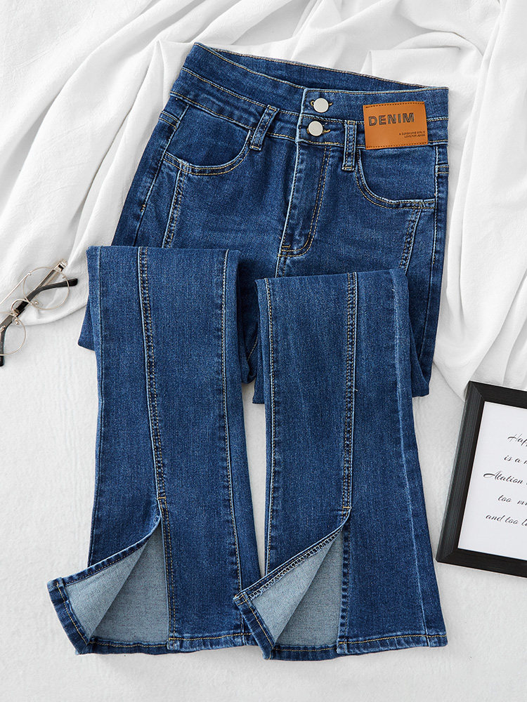 微喇牛仔裤女夏季薄款2025年新款小个子高腰弹力显瘦开叉喇叭裤子