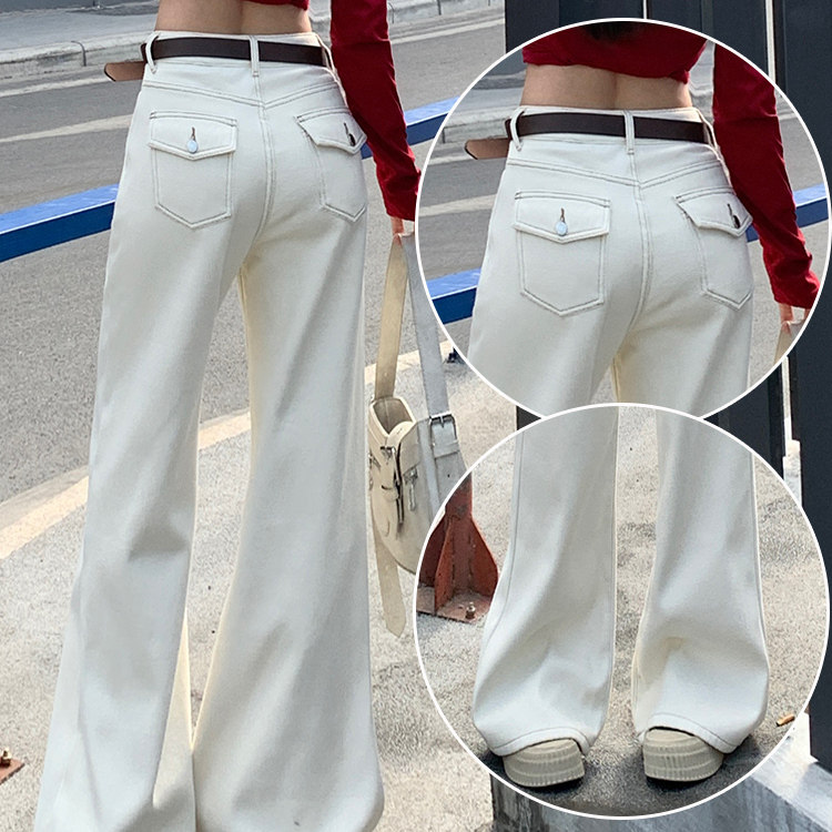 白色牛仔裤女秋冬加绒2025新款高腰垂感直筒宽松拖地阔腿喇叭裤子