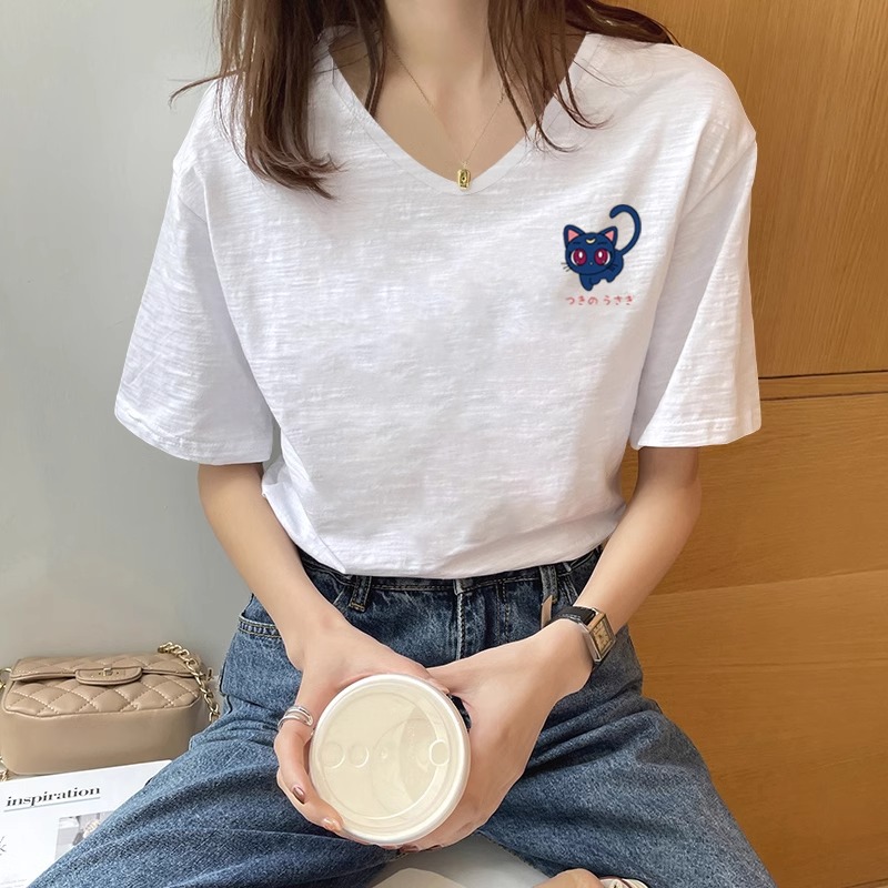 白色短袖t恤女士夏季薄款2025新款宽松显瘦设计感v领半袖体恤上衣