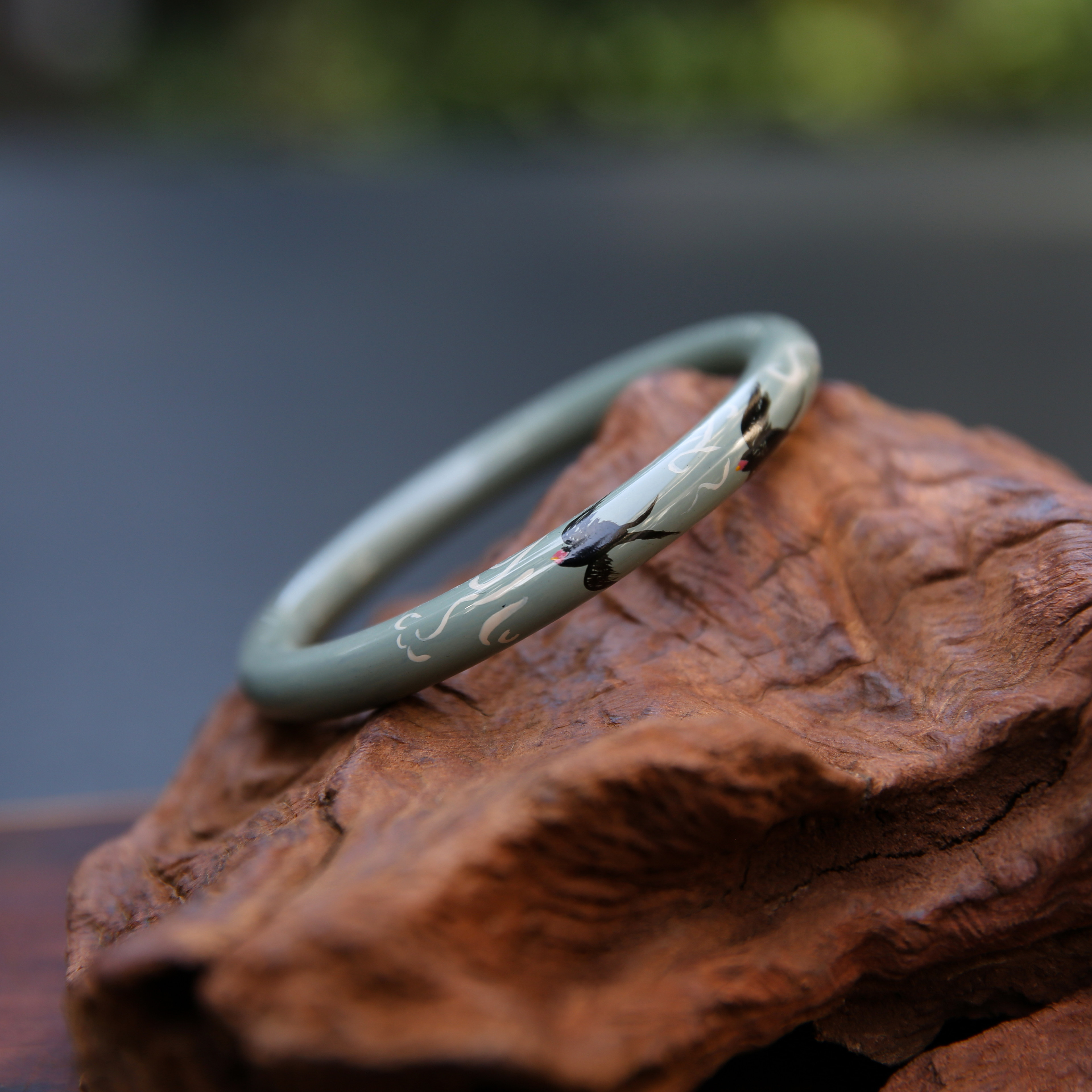 非遗大漆手镯 灰色春燕祥云漆器 纯手工彩绘哑光灰色女礼物送老外