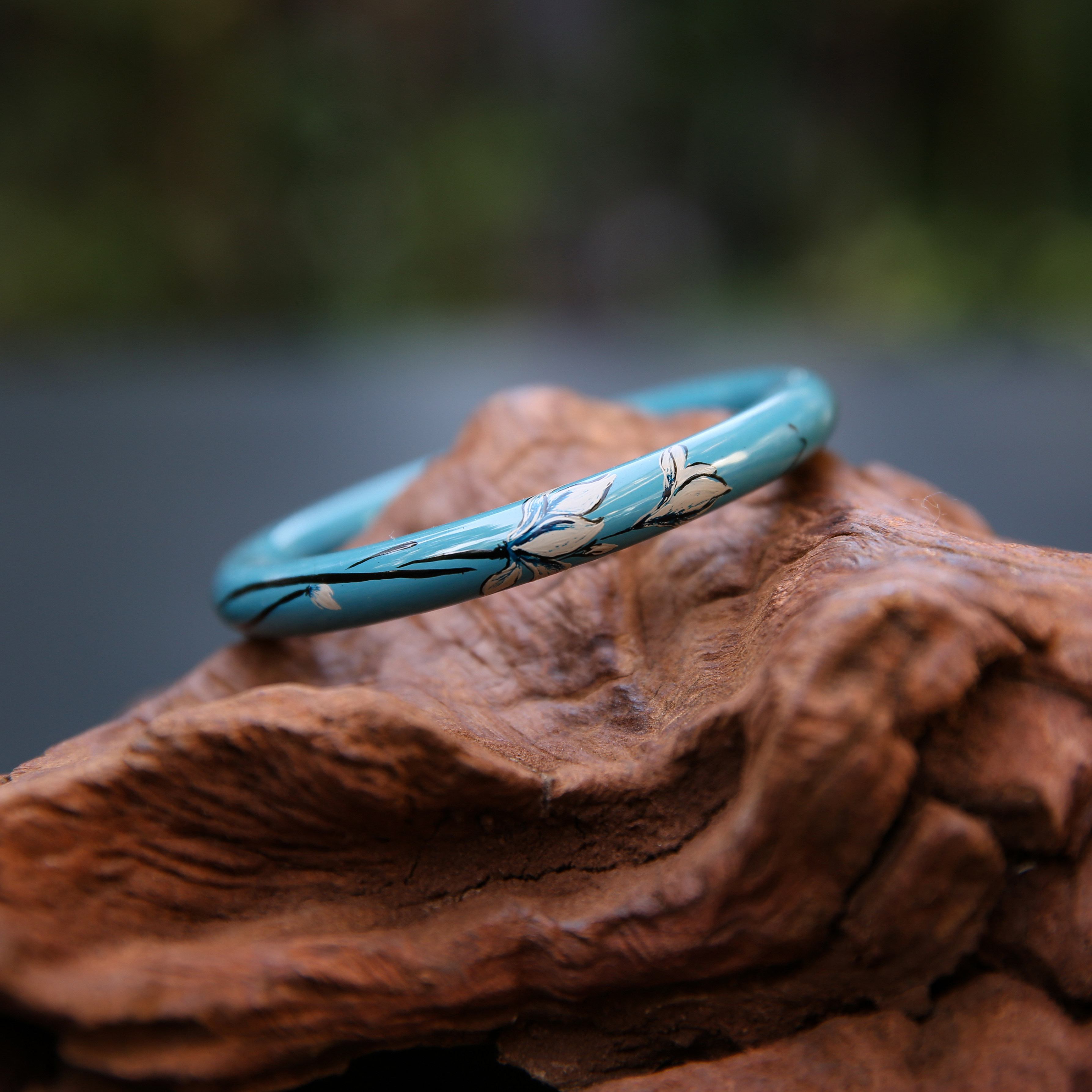 非遗大漆手镯男女 紫檀木底胚景白玉兰漆器纯手工彩绘蓝色 送礼物