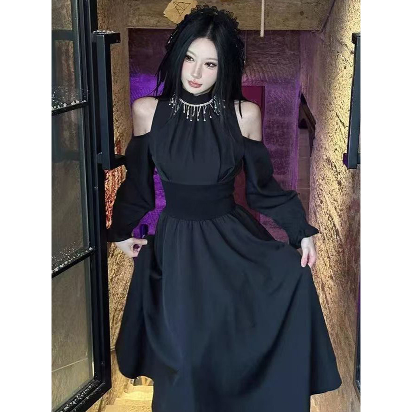 古早千金风连衣裙露肩黑色裙子