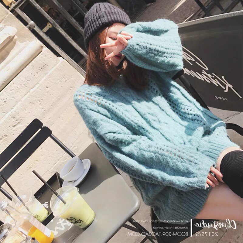 2023新款秋冬韩版加厚慵懒风毛衣女中长款宽松圆领套头针织衫外套