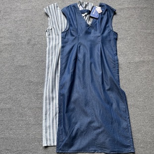 连衣裙条纹百搭宽肩带长款 无袖 女士气质连衣裙 夏季 外贸尾货女款