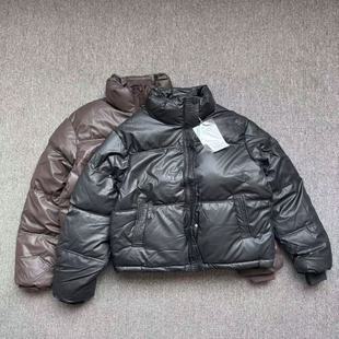 非外贸秋冬季新款女士短款棉服免洗皮直筒宽松纯色立领女款棉衣