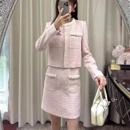 25早春新款法式小香风樱花粉钉珠外套连衣裙套装SP原单带标可单卖