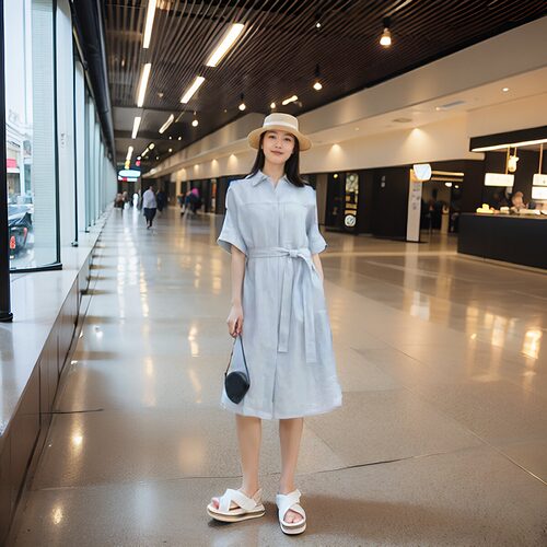 【粉丝福利499】之H IC女装2024春夏新款亚麻平纹及膝舒适连衣裙